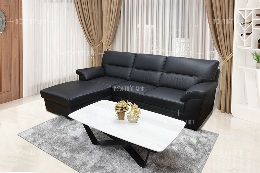 sofa da màu đen kết hợp bàn trà màu trắng