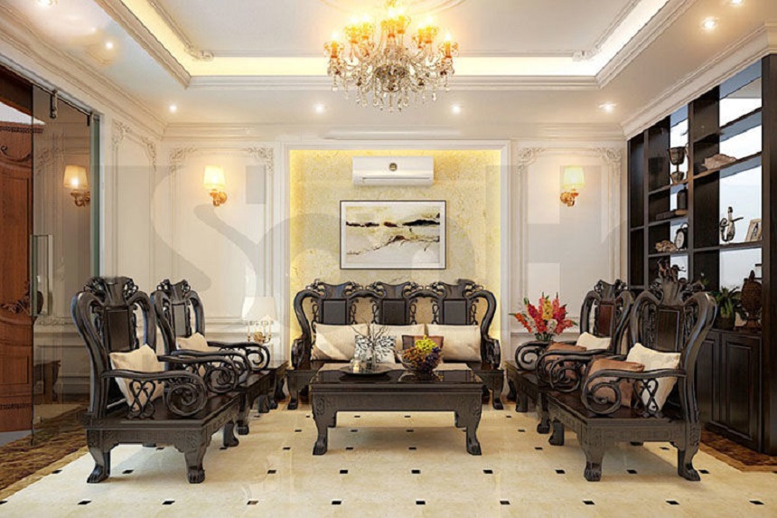 phòng khách với bàn ghế gỗ