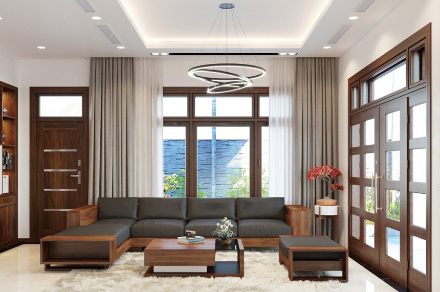 phòng khách với bàn ghế gỗ