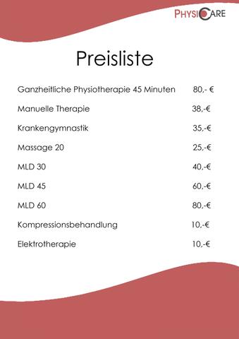 Tarife für physiotherapeutische Leistungen ohne ärztliche Verordnung