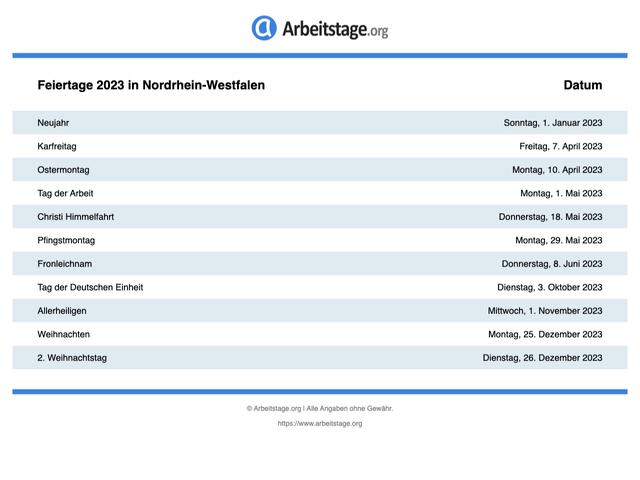 Immer aktuell: Wann ist der nächste Feiertag in Nordrhein-Westfalen? Immer aktuell: Wann ist der nächste Feiertag in Nordrhein-Westfalen?