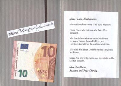 Beileidswünsche in der Trauerkarte - Geld für Blumenschmuck Beileidswünsche in der Trauerkarte - Geld für Blumenschmuck